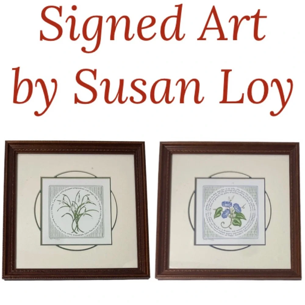 Vintage Signed Art Pictures Susan Loy Literary Snowdrops Hope & Morning Glories